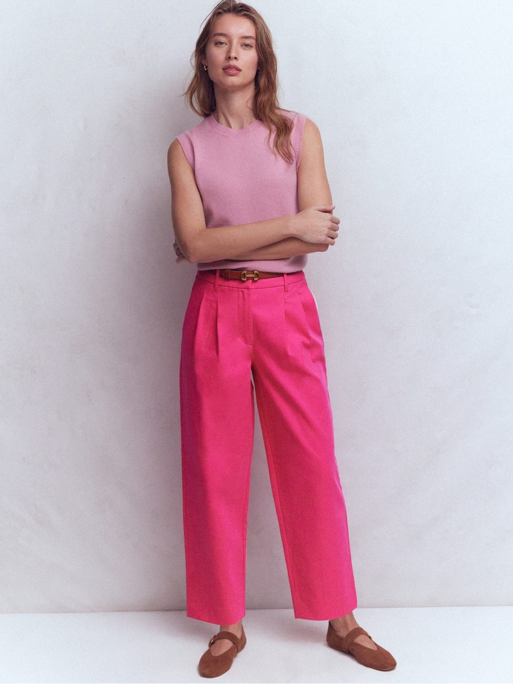 Boden 10 Bright Pink High Rise Wide Leg Cropped Ankle Pants 100% Cotton Relaxed